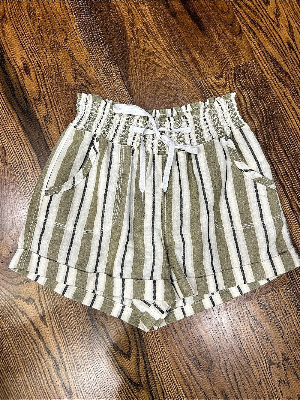 Simply Blessed Striped High Waist Shorts in Olive Green & Off White Size Small